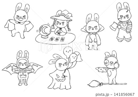 Halloween Bunny Coloring Page Set with Witch Vampire Ghost Skeleton and Cute Costumes for Kids Halloween Bunny Coloring Page Set with Witch Vampire Ghost Skeleton and Cute Costumes for Kids 141856067