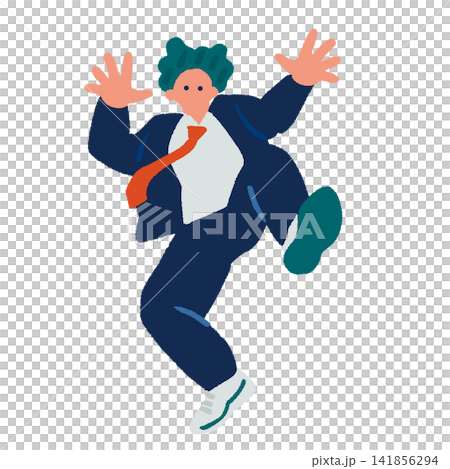 スーツを着てガッツポーズでジャンプするビジネスマンの手描きイラスト スーツを着てガッツポーズでジャンプするビジネスマンの手描きイラスト 141856294