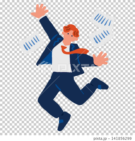 A hand-drawn illustration of a businessman jumping with documents flying through the air. A hand-drawn illustration of a businessman jumping with documents flying through the air. 141856299