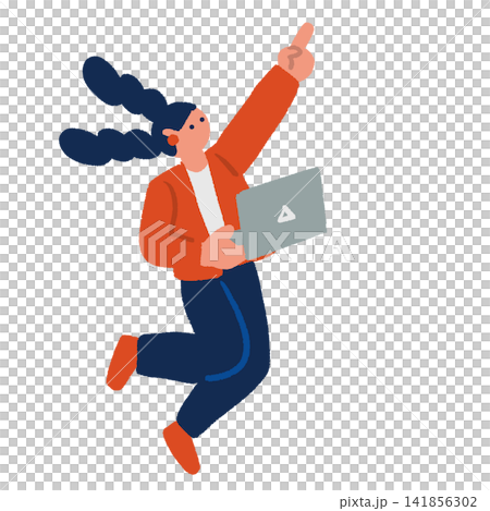 ノートパソコンを持ち指を上に向けジャンプするビジネスウーマンの手描きイラスト ノートパソコンを持ち指を上に向けジャンプするビジネスウーマンの手描きイラスト 141856302