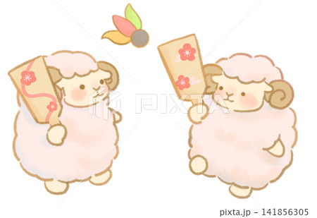 羊が2匹で羽つきで遊んでいる手描きイラスト　年賀状素材　お正月、羽つき 141856305