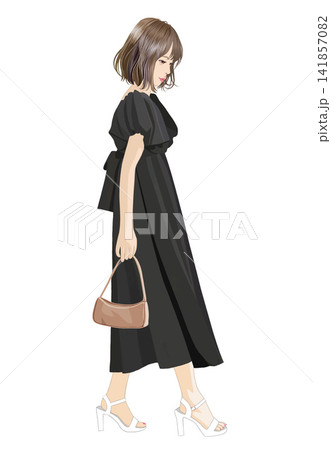 俯いてあるくシックな若い女性のイラスト 141857082