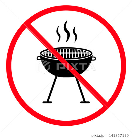 No grill sign. No barbecue symbol. BBQ prohibited sign with circle logo. Grilling prohibited. flat style. 141857159