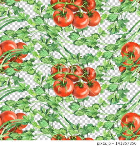 Seamless pattern of the green onion, tomatoes cherry and parsley. Watercolor illustration. Handmade art work. For packaging design, cards, cover, prints, product labels and fabric. Seamless pattern of the green onion, tomatoes cherry and parsley. Watercolor illustration. Handmade art work. For packaging design, cards, cover, prints, product labels and fabric. 141857850