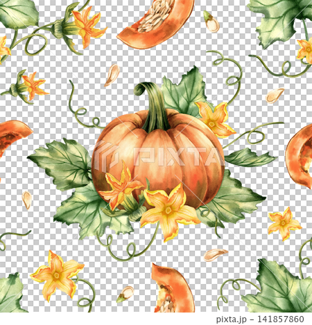 Artistic pumpkins seamless pattern. Watercolor autumn orange vegetable with picturesque leaves and blossom isolated from background. Hand drawn illustration for fall harvest holidays, printing 141857860