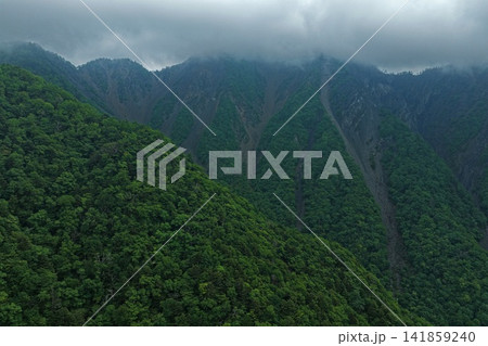 静岡県大谷崩の急峻な山肌と広葉樹林を捉えた空撮写真 静岡県大谷崩の急峻な山肌と広葉樹林を捉えた空撮写真 141859240