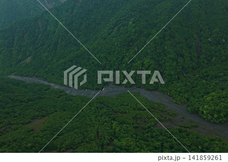 静岡市大谷崩の山間渓流と広葉樹林を捉えた空撮写真 静岡市大谷崩の山間渓流と広葉樹林を捉えた空撮写真 141859261
