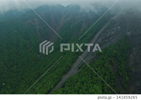 静岡県大谷崩の山肌と崩落跡を捉えた空撮写真 141859265