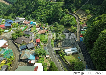 静岡県静岡市有東木の茶畑と山間集落を捉えた空撮写真 静岡県静岡市有東木の茶畑と山間集落を捉えた空撮写真 141859273