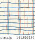 Seamless plaid check pattern with blue horizontal stripes and red vertical lines on cream background illustration. 141859529