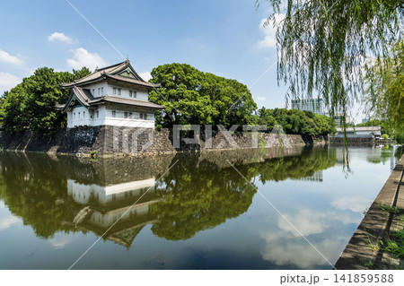The moat's calm surface reflected the old Sakurada Tatsumi Yagura and stone walls, one of the Three Surviving Watchtowers of Edo Castle, in Tokyo Imperial Palace, Chiyoda, Japan. 141859588