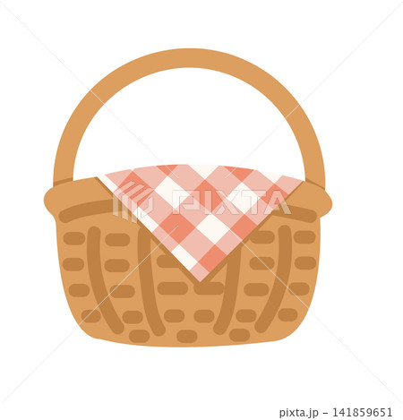 Minimalist Wicker Picnic Basket with Red Gingham Cloth Illustration Minimalist Wicker Picnic Basket with Red Gingham Cloth Illustration 141859651