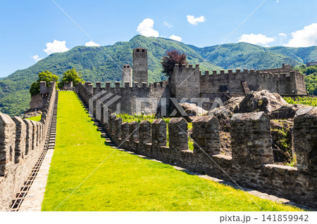 Walls of Castelgrande castle in Bellinzona, Switzerland. Unesco World Heritage 141859942