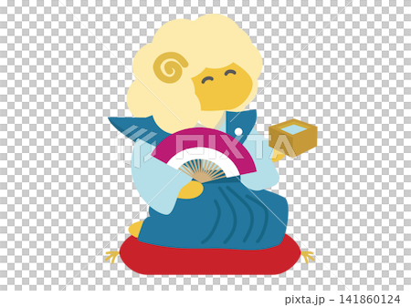 A New Year's card illustration for 2027, the Year of the Sheep, featuring a sheep holding a sake cup and a fan. A New Year's card illustration for 2027, the Year of the Sheep, featuring a sheep holding a sake cup and a fan. 141860124