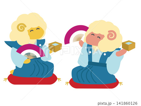 2027年未年の羊が枡酒と扇子を持っている年賀状イラスト 141860126