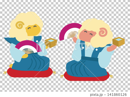 2027年未年の羊が枡酒と扇子を持っている年賀状イラスト 141860126