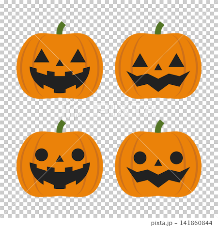 A set of illustrations of Jack-o'-lanterns with various expressions. 141860844