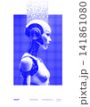 Cyberpunk android robot halftone poster with typography print 141861080
