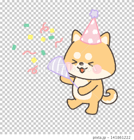 一隻棕色的柴犬，戴著一頂會發出爆竹聲的派對帽。 141861222