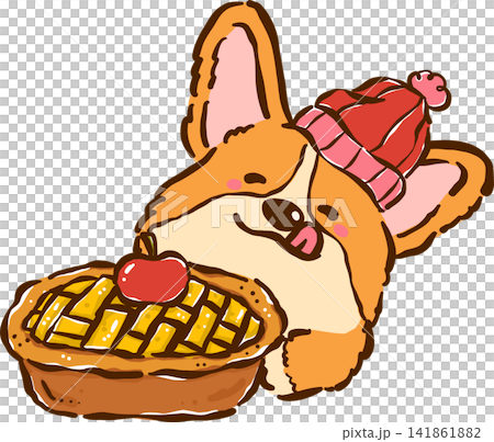 Happy Cozy Corgi Autumn with Apple Pie Cartoon Character Cute Kawaii Hand Drawn Fall Illustration 141861882