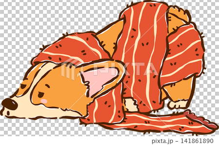 Sleepy Cozy Corgi Autumn Wrapped in a Cozy Scarf Cartoon Character Cute Kawaii Hand Drawn Fall Illustration 141861890