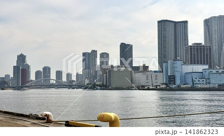 竹芝桟橋から望む東京湾岸のタワーマンション群と倉庫・港湾 竹芝桟橋から望む東京湾岸のタワーマンション群と倉庫・港湾 141862323