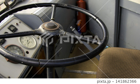 cabin control old vintage bus close up. cabin control old vintage bus close up. 141862366