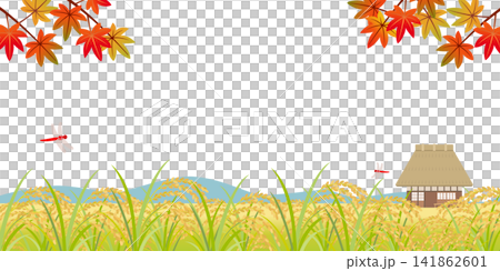 Illustration of golden rice stalks in autumn and a rural landscape 01 141862601