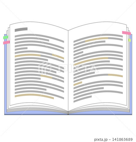 付箋とマーカーが引かれた見開きの本・教科書のイラスト 付箋とマーカーが引かれた見開きの本・教科書のイラスト 141863689