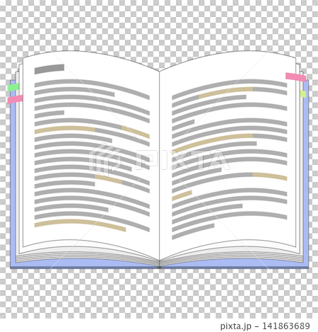 付箋とマーカーが引かれた見開きの本・教科書のイラスト 付箋とマーカーが引かれた見開きの本・教科書のイラスト 141863689