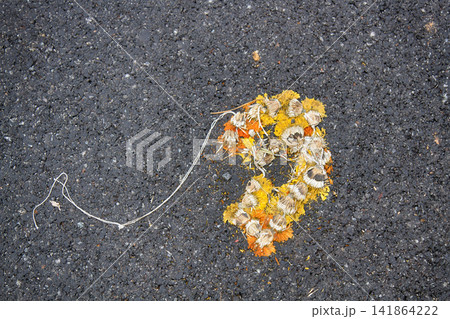 lower yellow decoration crushed on the road lower yellow decoration crushed on the road 141864222