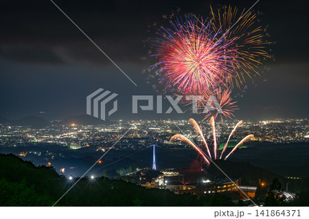 三島スカイウォークの夜空を彩る花火とライトアップされた吊り橋の絶景 三島スカイウォークの夜空を彩る花火とライトアップされた吊り橋の絶景 141864371