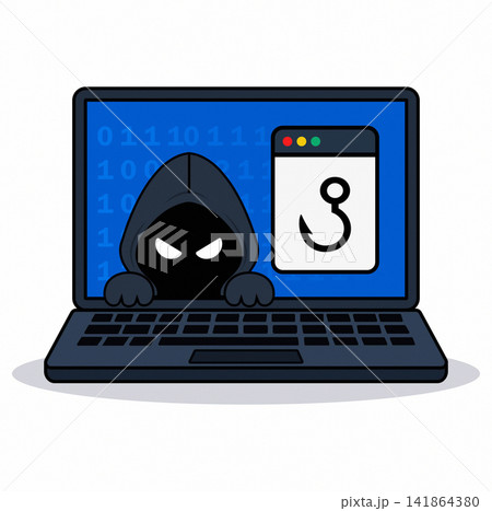 anonymous hacker and hook icon on laptop screen 141864380
