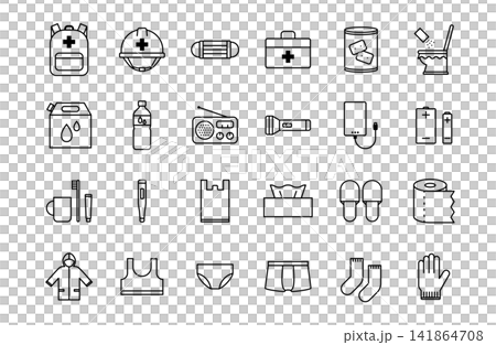 Icon set for disaster preparedness supplies and emergency kits. Icon set for disaster preparedness supplies and emergency kits. 141864708