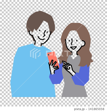 An illustration of a young man and woman looking at a smartphone together. An illustration of a young man and woman looking at a smartphone together. 141865038