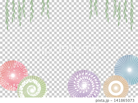 Colorful Japanese umbrella and willow illustration frame Colorful Japanese umbrella and willow illustration frame 141865073