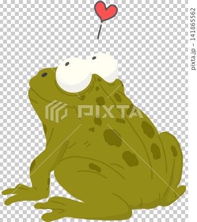Adorable green frog showing a sweet expression of love with a charming red heart above its head. Adorable green frog showing a sweet expression of love with a charming red heart above its head. 141865562