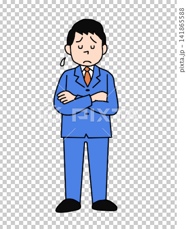 一位身穿西裝的商人,雙手交叉放在胸前,神情憂慮不安。 一位身穿西裝的商人,雙手交叉放在胸前,神情憂慮不安。 141865588