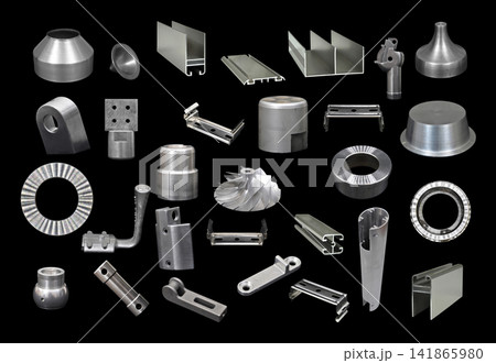 Industrial Metal Parts with Multiple Mechanical Components isolated on black background Industrial Metal Parts with Multiple Mechanical Components isolated on black background 141865980