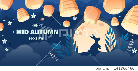Mid Autumn Festival design. Rabbit, fool moon and floral decor elements on a poster, banner or cover design to traditional Chinese Festival of mid Autumn. Mid Autumn Festival design. Rabbit, fool moon and floral decor elements on a poster, banner or cover design to traditional Chinese Festival of mid Autumn. 141866466