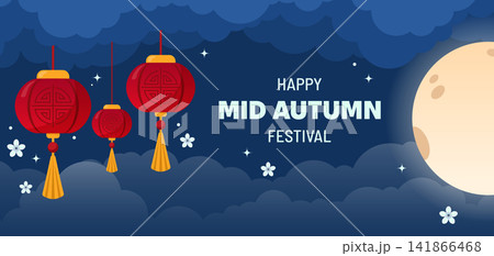 Mid Autumn Festival Lanterns with fool moon in a flat style. Vector illustration of traditional Chinese Lanterns, full moon and stylized clouds. Perfect holiday greeting, cultural promotion and season Mid Autumn Festival Lanterns with fool moon in a flat style. Vector illustration of traditional Chinese Lanterns, full moon and stylized clouds. Perfect holiday greeting, cultural promotion and season 141866468