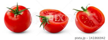 Tomatoes and halves isolated set. Tomato collection on white background. Perfect tomato and half of tomato, side view. Tomatoes and halves isolated set. Tomato collection on white background. Perfect tomato and half of tomato, side view. 141866942