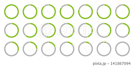 Template of green gray color fill pie charts indicator. Circle diagrams icons for infographics from 100 to 0 percent without numbers. Round graph loading progress set. Green progress bars. 141867094