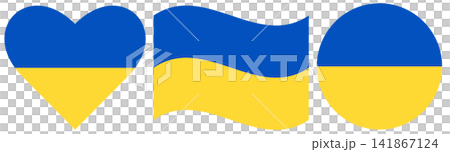 Flags of Ukraine collection. Flag of Ukraine in heart shape. Round Ukrainian flag isolated in circle. Waving flag of Ukraine. Flags of Ukraine collection. Flag of Ukraine in heart shape. Round Ukrainian flag isolated in circle. Waving flag of Ukraine. 141867124