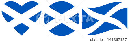Flags of Scotland set. Waving flag of Scotland isolated. Round flag of Scotland isolated in circle shape. Flag of Scotland in heart. Flags of Scotland set. Waving flag of Scotland isolated. Round flag of Scotland isolated in circle shape. Flag of Scotland in heart. 141867127