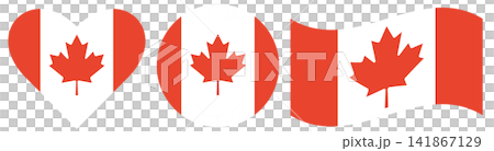 Collection of Canada flags isolated. Flag of Canada in heart shape. Waving flag of Canada and round flag of Canada isolated. 141867129