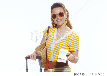 Cheerful Woman Preparing for Summer Trip 141867253