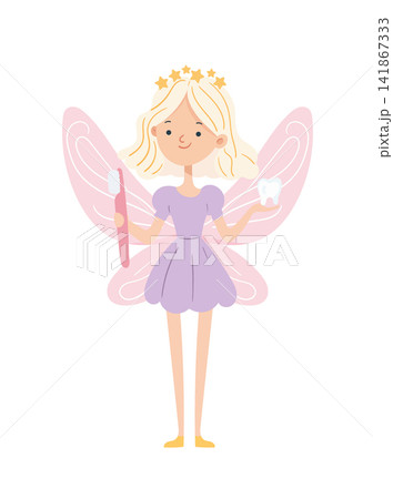 Cute tooth fairy with pink wings holding a toothbrush and healthy tooth. Flat vector illustration isolated on white background for dentistry, pediatric care, oral hygiene. 141867333