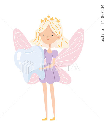 Cute tooth fairy holding a shiny tooth with pink wings and purple dress. Flat vector illustration isolated on white background for dentistry, pediatric dental care. Cute tooth fairy holding a shiny tooth with pink wings and purple dress. Flat vector illustration isolated on white background for dentistry, pediatric dental care. 141867334