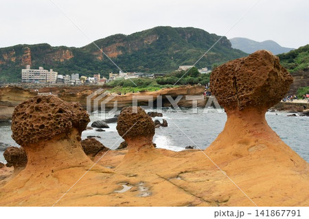 台湾、新北市、野柳地質公園、奇岩・怪石の並ぶ海岸、マッシュルームロック(キノコ岩) 台湾、新北市、野柳地質公園、奇岩・怪石の並ぶ海岸、マッシュルームロック(キノコ岩) 141867791